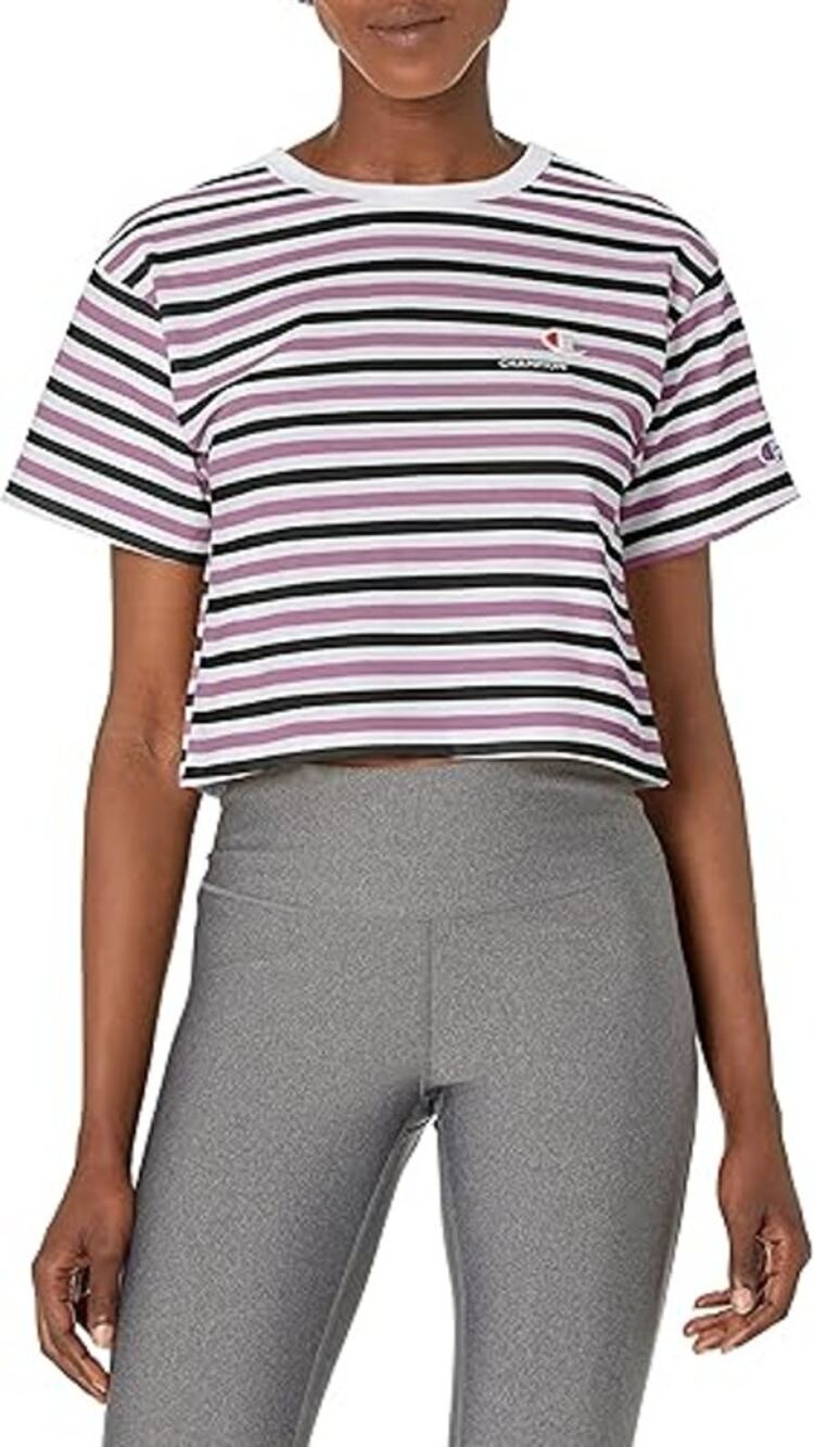 NEW Champion Women's Heritage Cropped Tee AOP Grey Stripe WL956P551260 Size XL